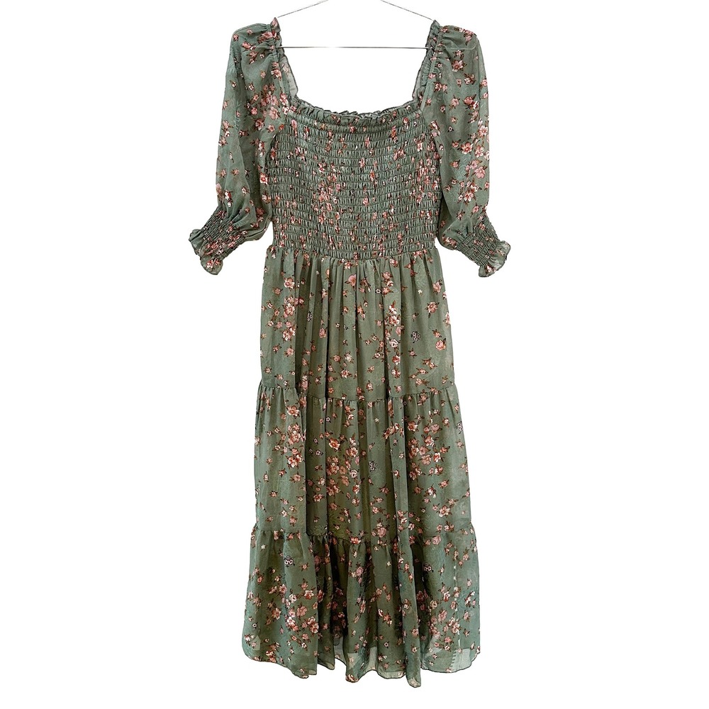 BALTIC BORN Puff Sleeve Floral Midi Dress • Small • green pink Cottagecore boho
